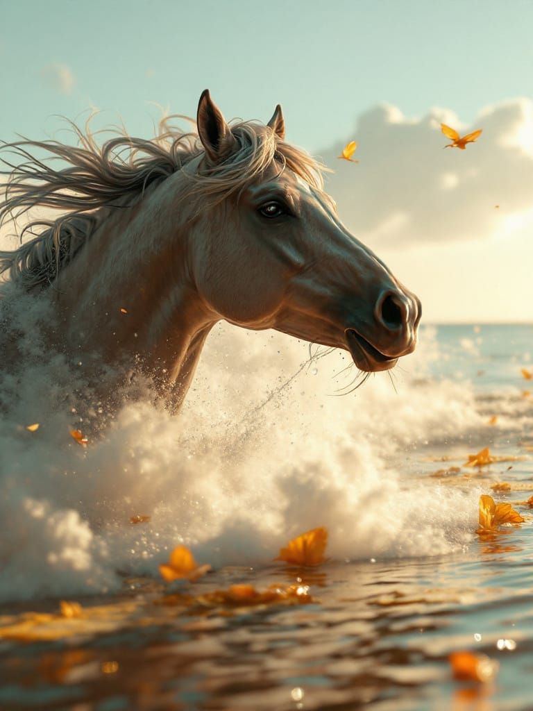Horse Splits Waves with Golden Butterflies