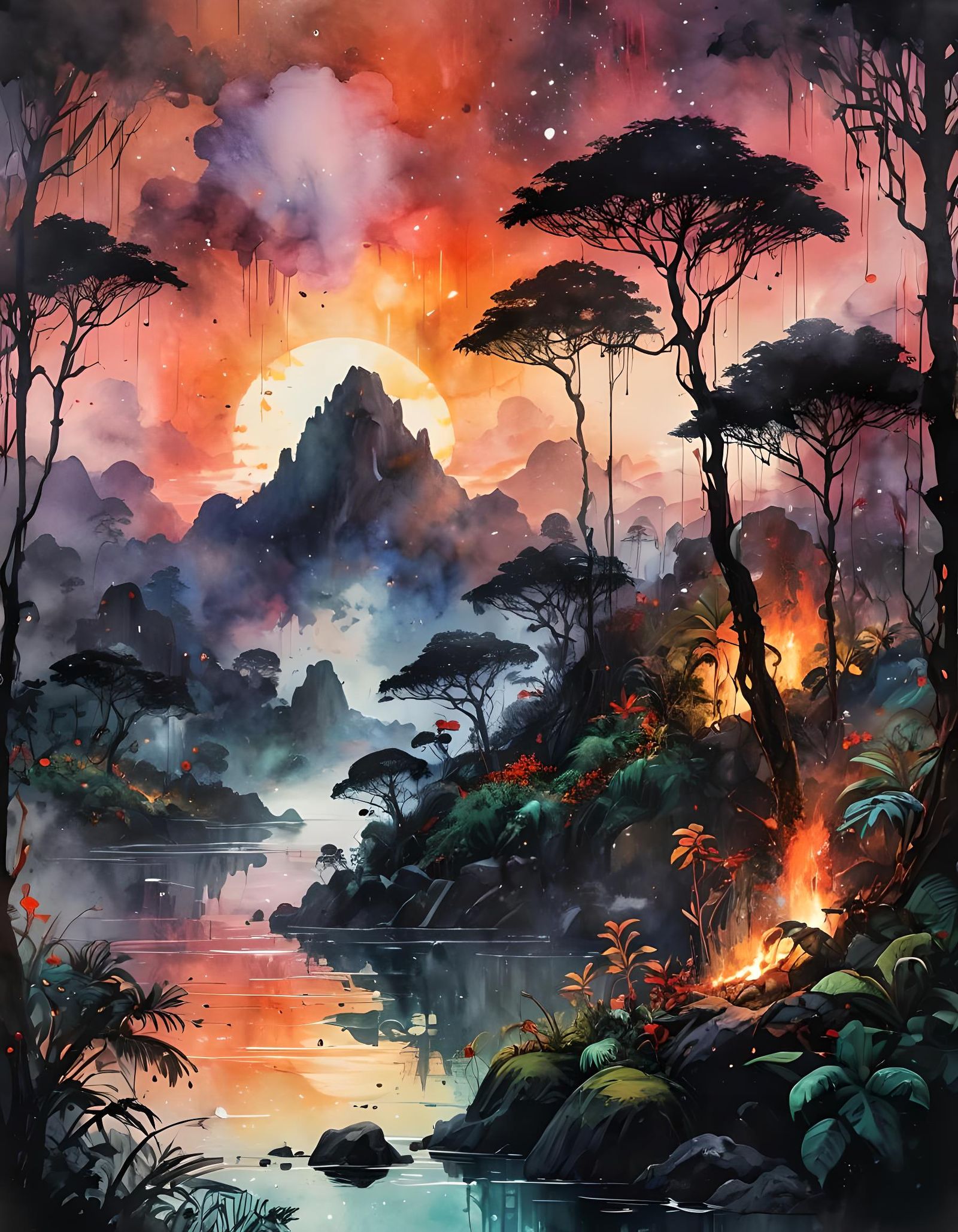 Epic Rainforest Landscape with Blood Moon