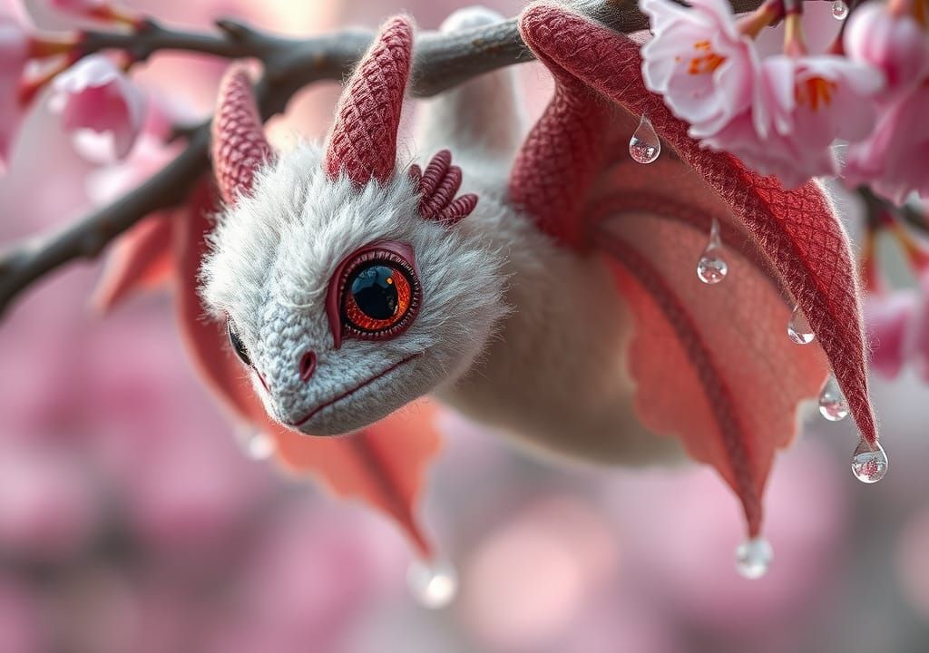 Fluffy Wooly Dragon on Cherry Blossoms