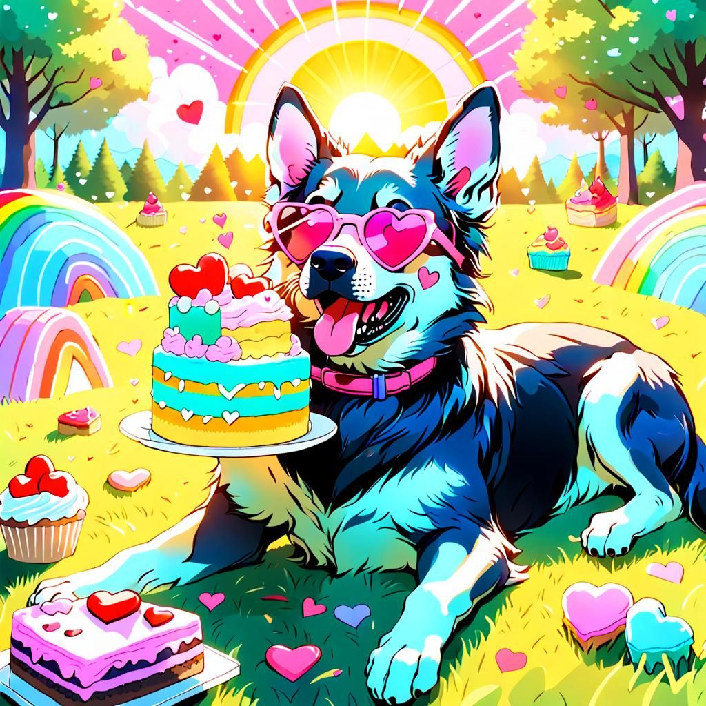 Vaporwave Anime Portrait of Canine Eating Cake