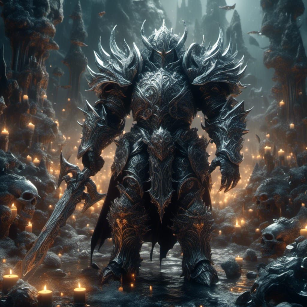 <lora:crystalclear:1.0> Death knight (large spiked armor 1.5) summoning and undead army (rising up out of the ground 1.5...