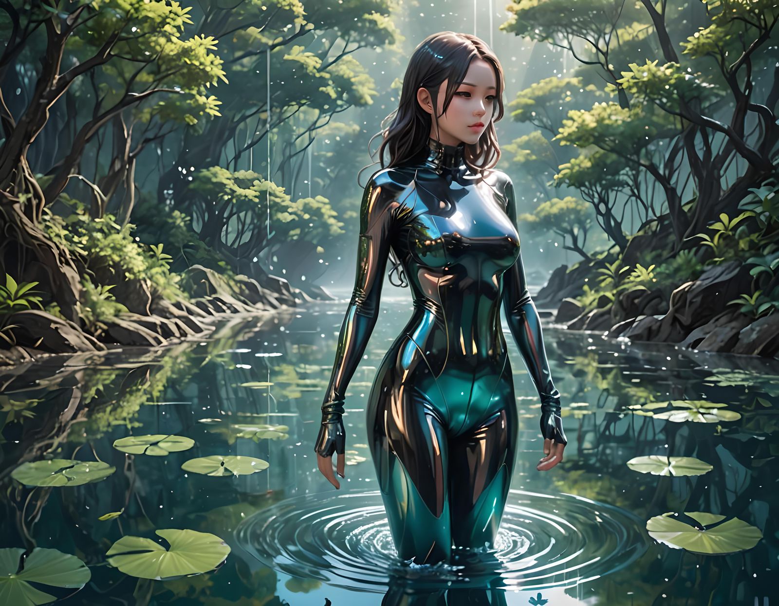 Woman in Latex Catsuit Standing on Water: Anime Style