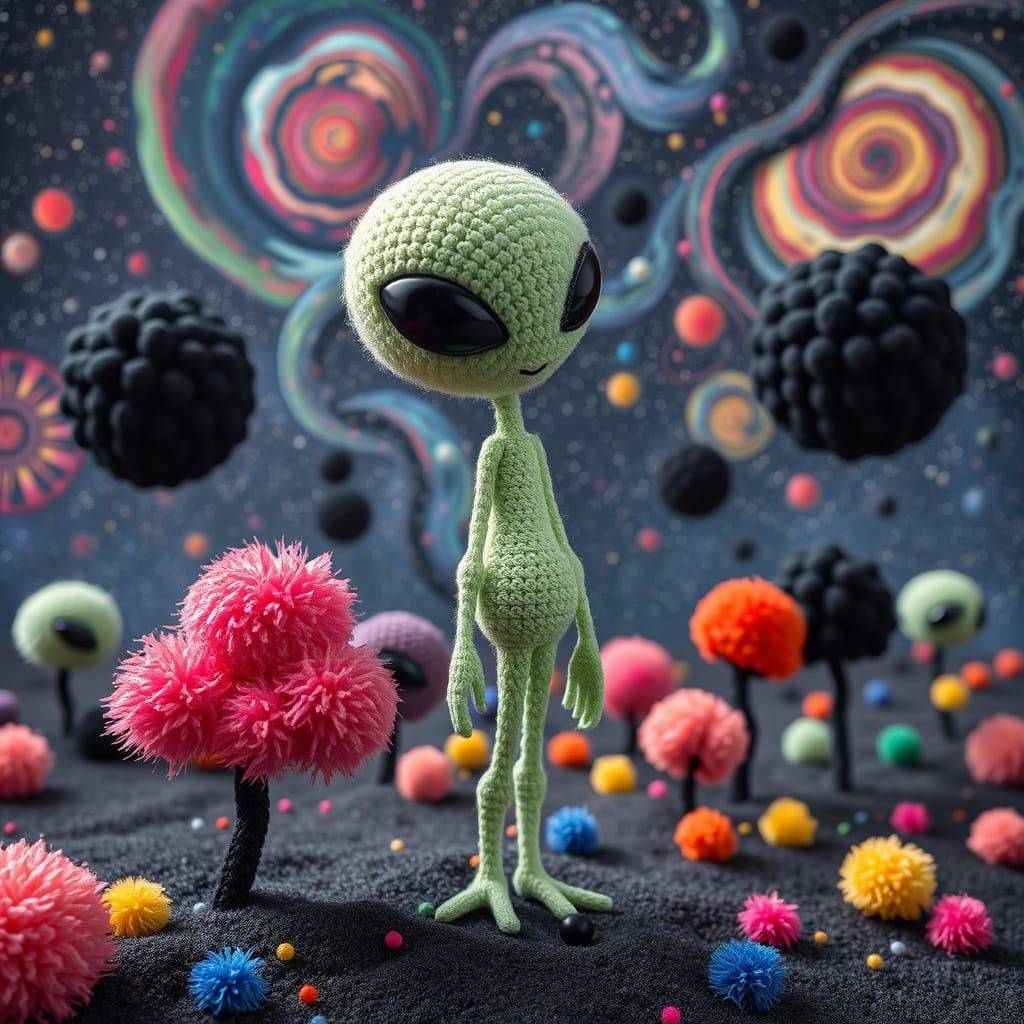 Pom-Pom Alien in Surrealist Landscape