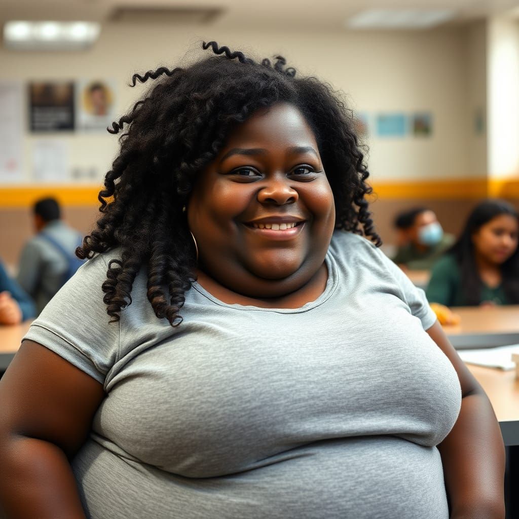 A Young Black Girl Smiles in the School Canteen, Her Unforge...