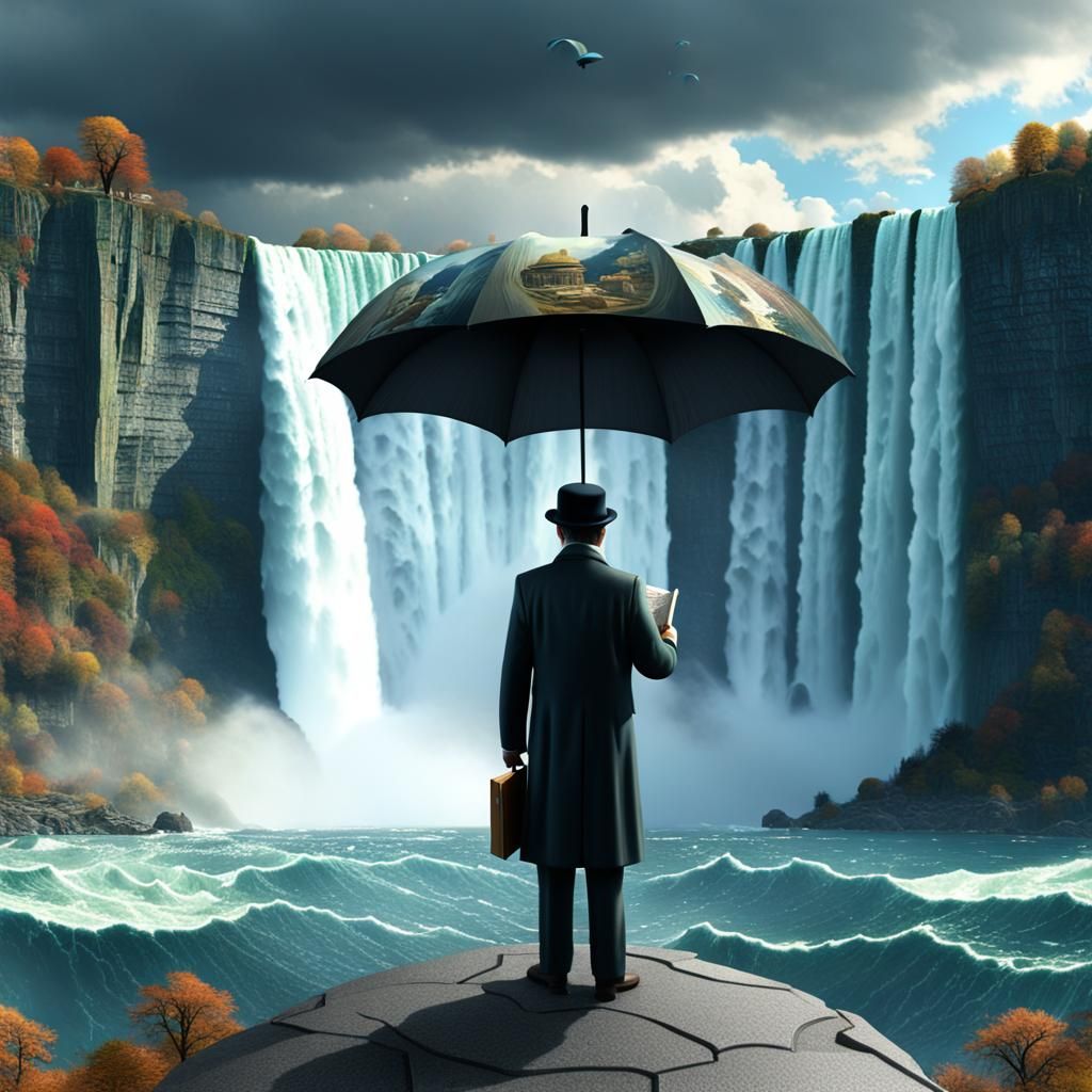 Magritte Man's Perilous Plunge at Niagara Falls