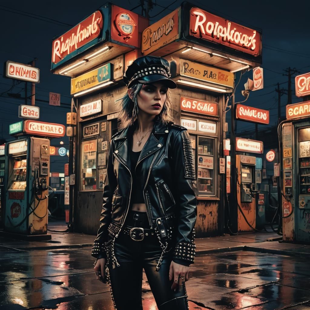 Biker Woman at Gas Station in Gritty Style