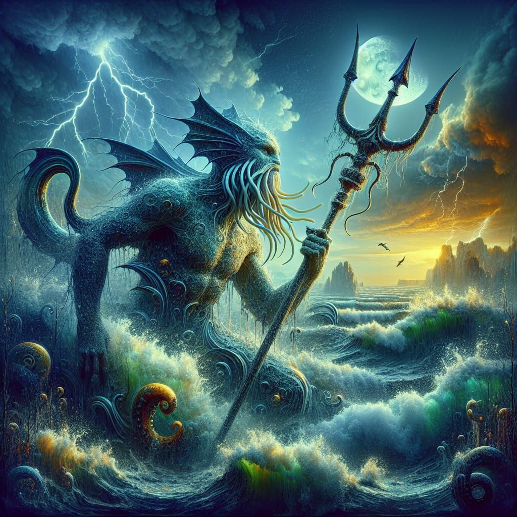 Fish King with Trident in Romantic Ocean Scene