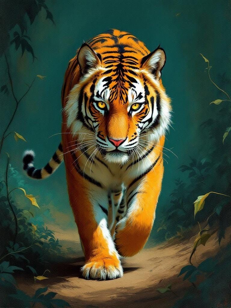 Tiger in Jungle, Impressionist Painting Style