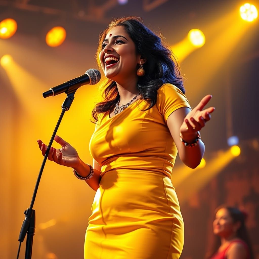 Indian Woman Sings on Stage in Yellow Dress