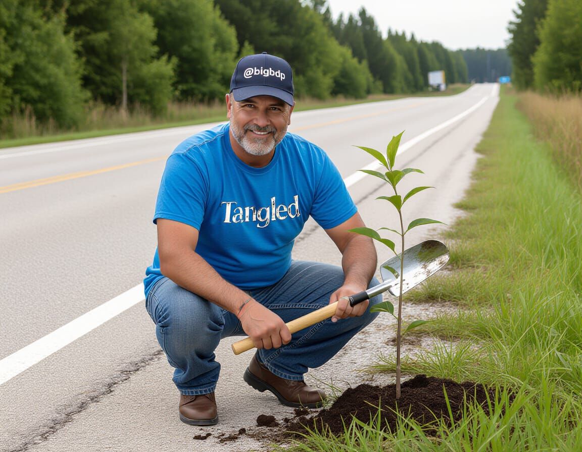 Man Planting Tree By Roadside