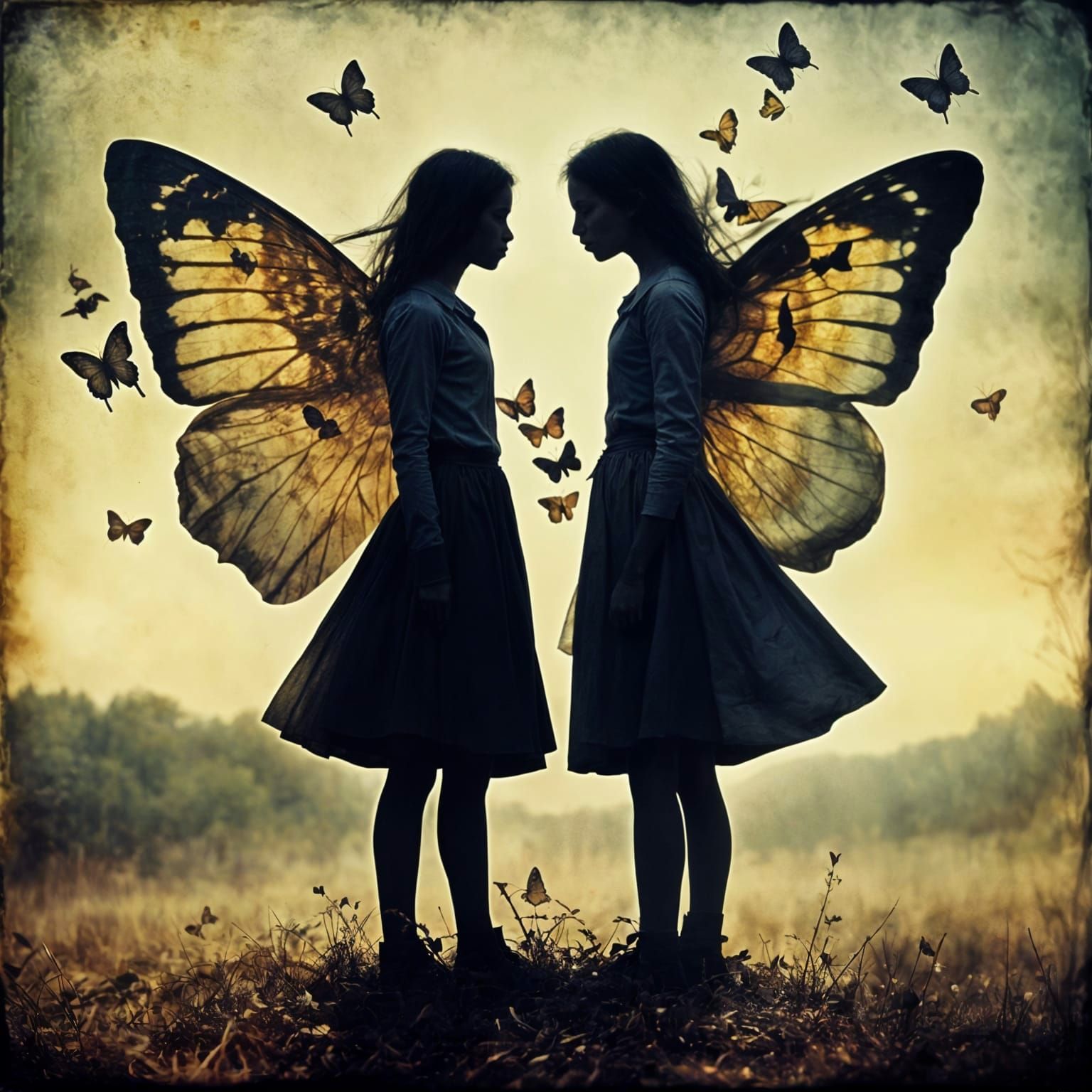 Love and Anger Silhouette with Butterflies in Double Exposur...