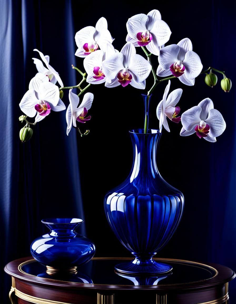 Hyperrealistic Orchids in Cobalt Blue Vase