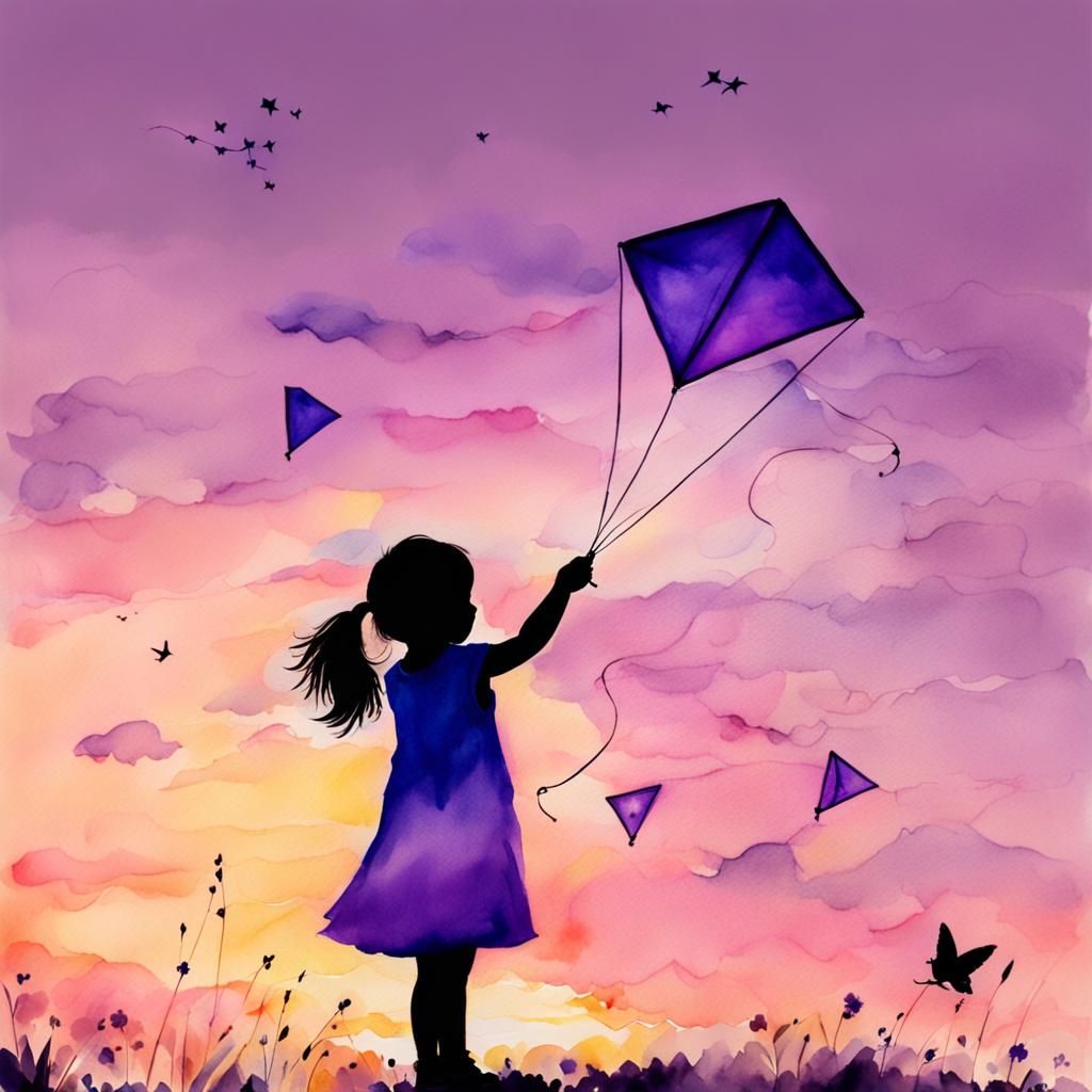 Watercolor Kite Flying at Magic Hour