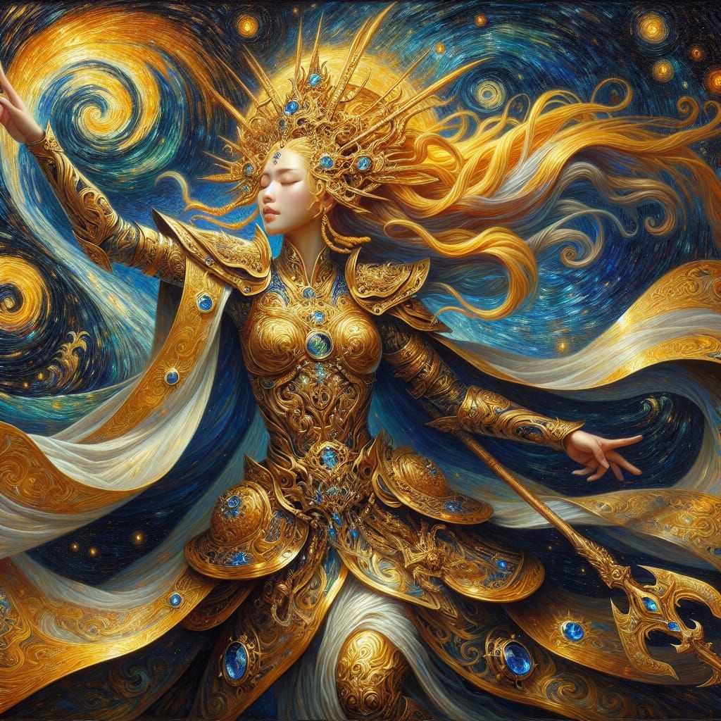 Celestial Warrior Goddess in Oil Painting Style