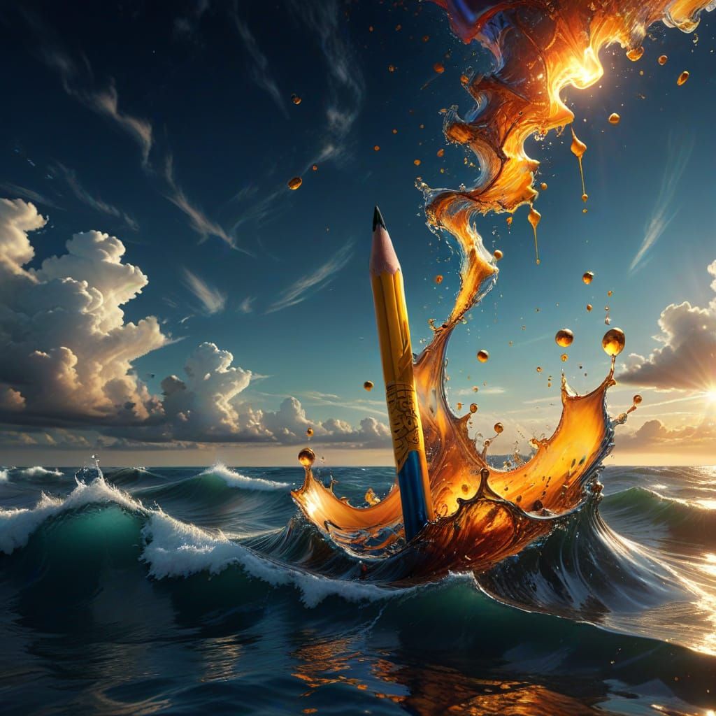Surreal Pencil in Ocean Emitting Light, Dalí Inspired