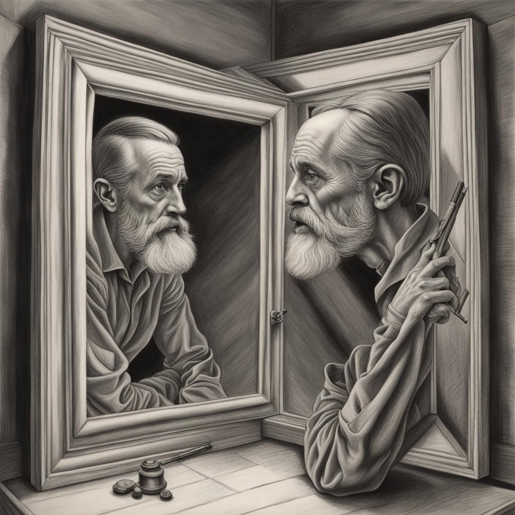Inverted Reflection: Charcoal Drawing in Escher Style