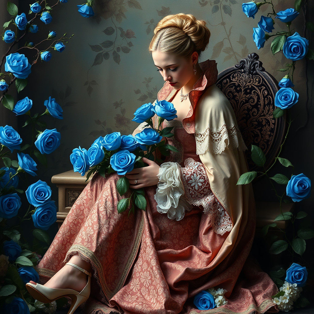 Elegant 18th-Century Lady Crafts Enchanted Blue Roses