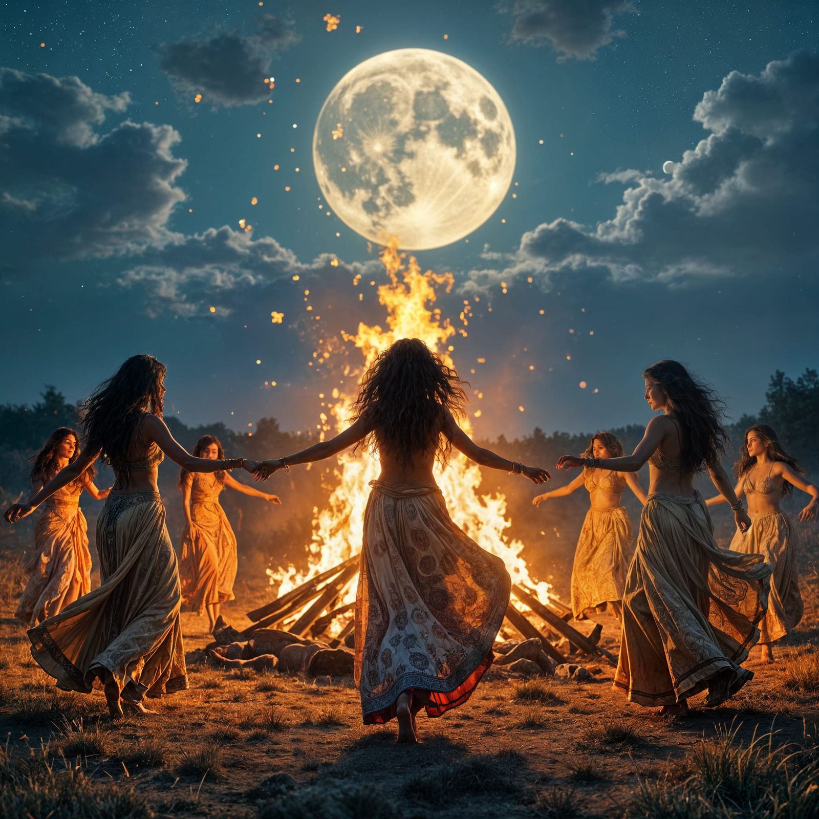 Gypsy Women's Bonfire Dance Under Solstice Moon