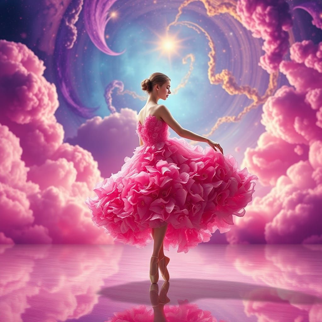 Dancer in Flowing Floral Dress with Cosmic Background