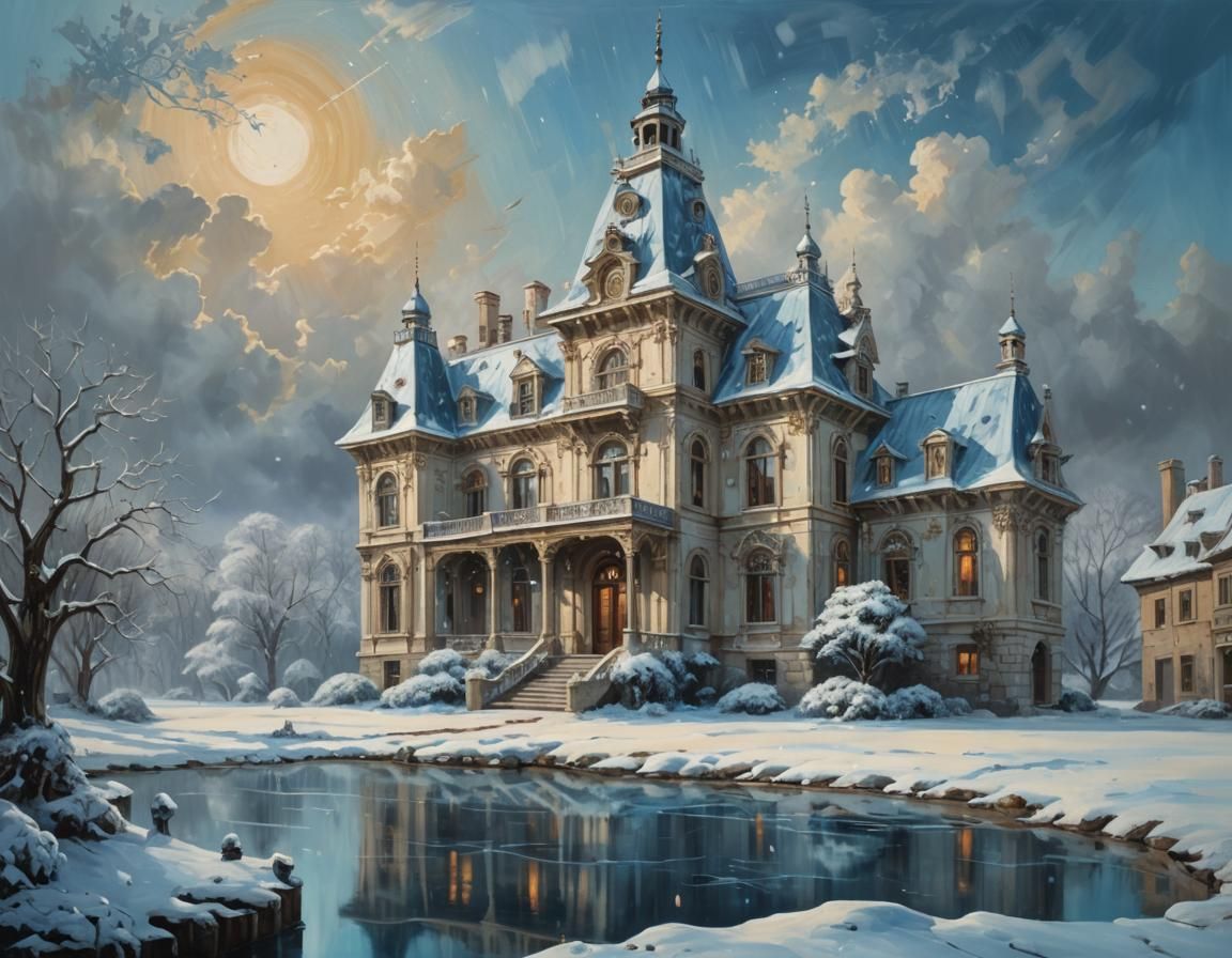 Surreal Winter Mansion in Oil Painting Style