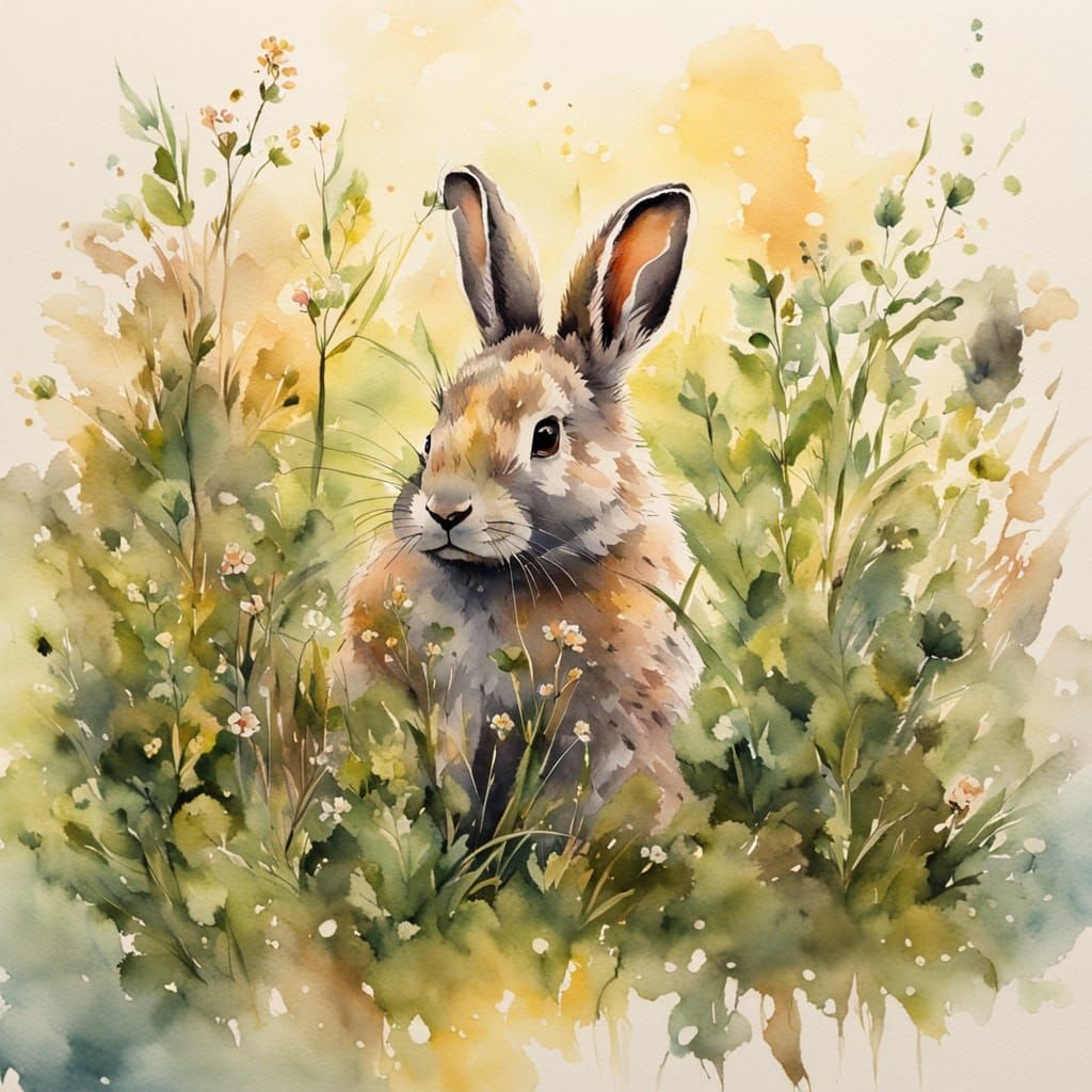 Watercolor Painting of Rabbits in Grassy Landscape