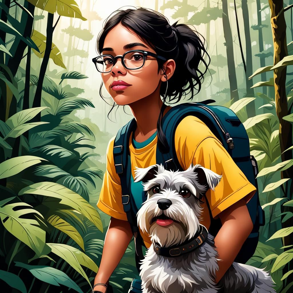 Teenager and Dog Explore Jungle in Storybook Style