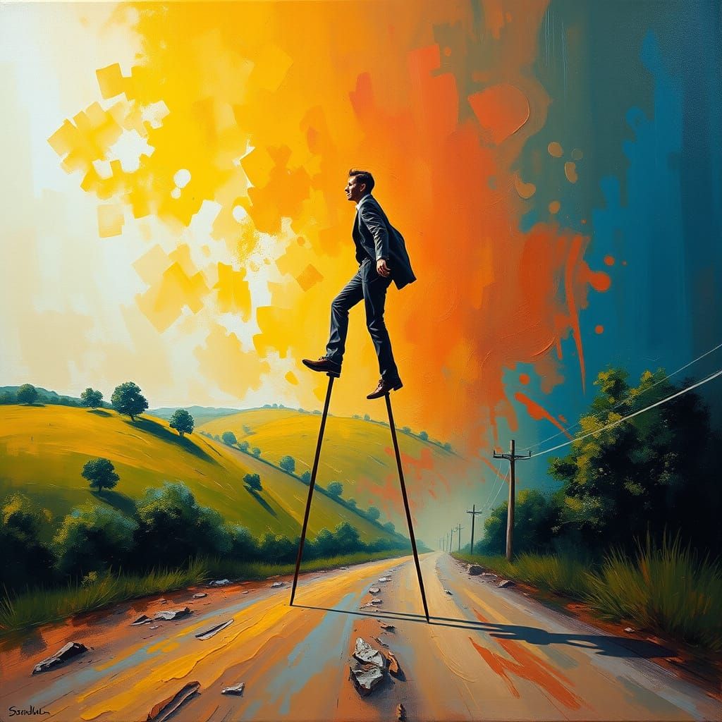 Man Walking on Stilts in a Vibrant Impasto Painting