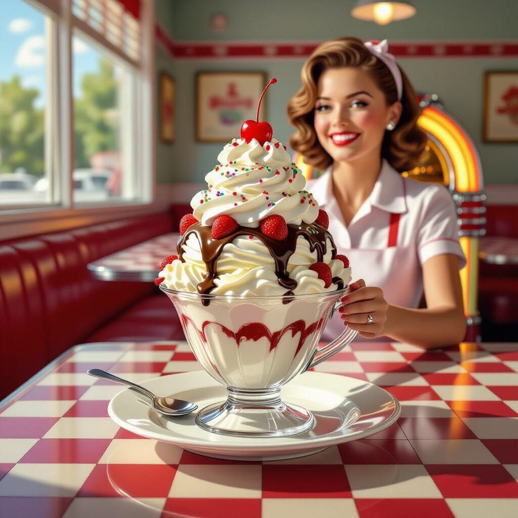 Hyperrealistic Ice Cream Sundae in Diner