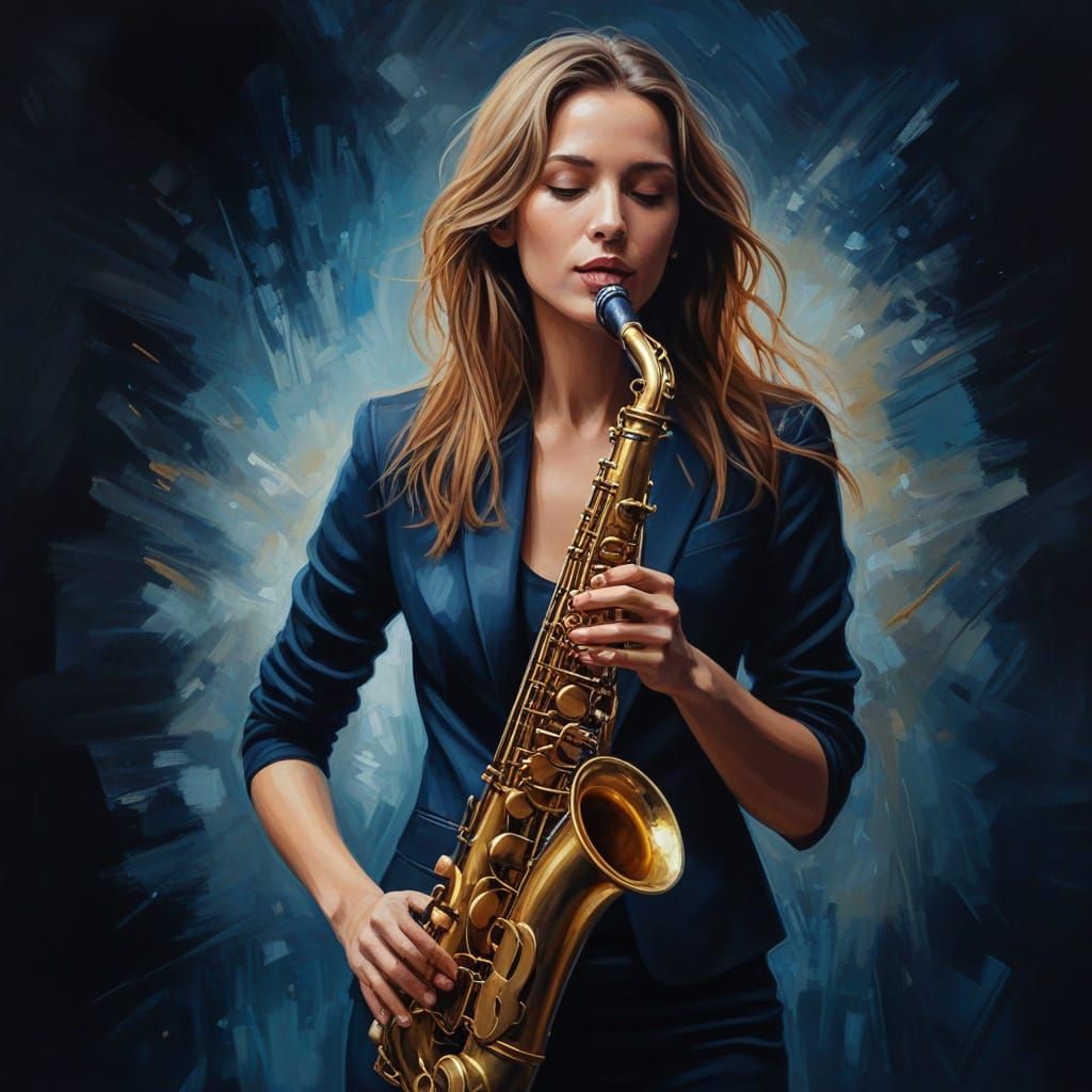 Woman Playing Saxophone in Expressionist Oil Painting