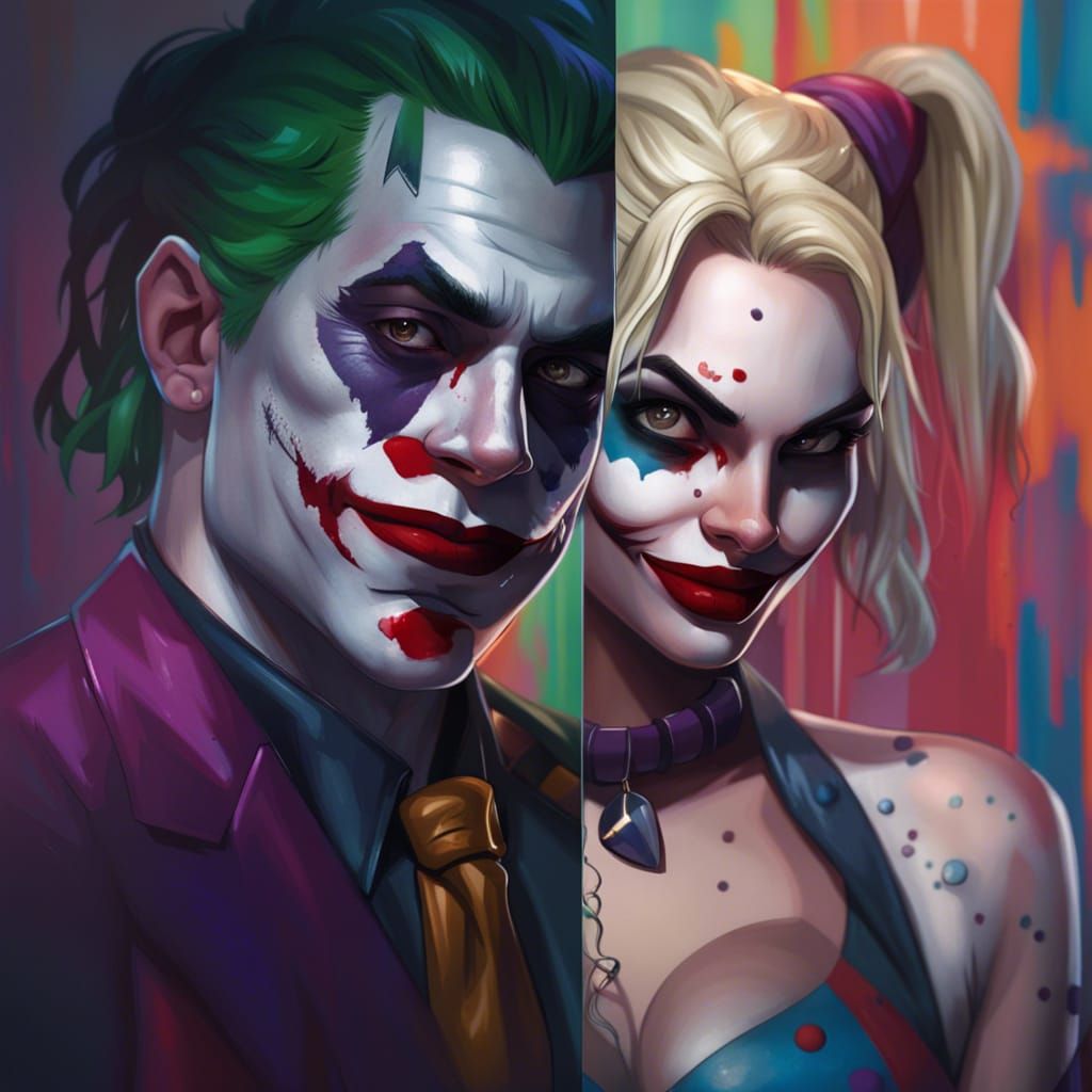 Harley Quinn and Joker Portrait in Art Nouveau Style