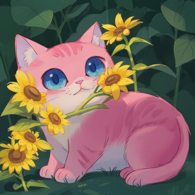 Pink Cat and Sunflower in Animated Style