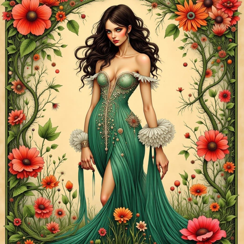 Lady in Green: Elegant Art Nouveau Portrait