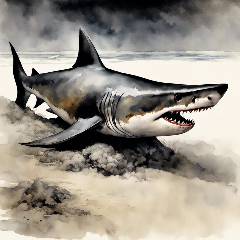 Decaying Shark on Dark Beach: Watercolor Art