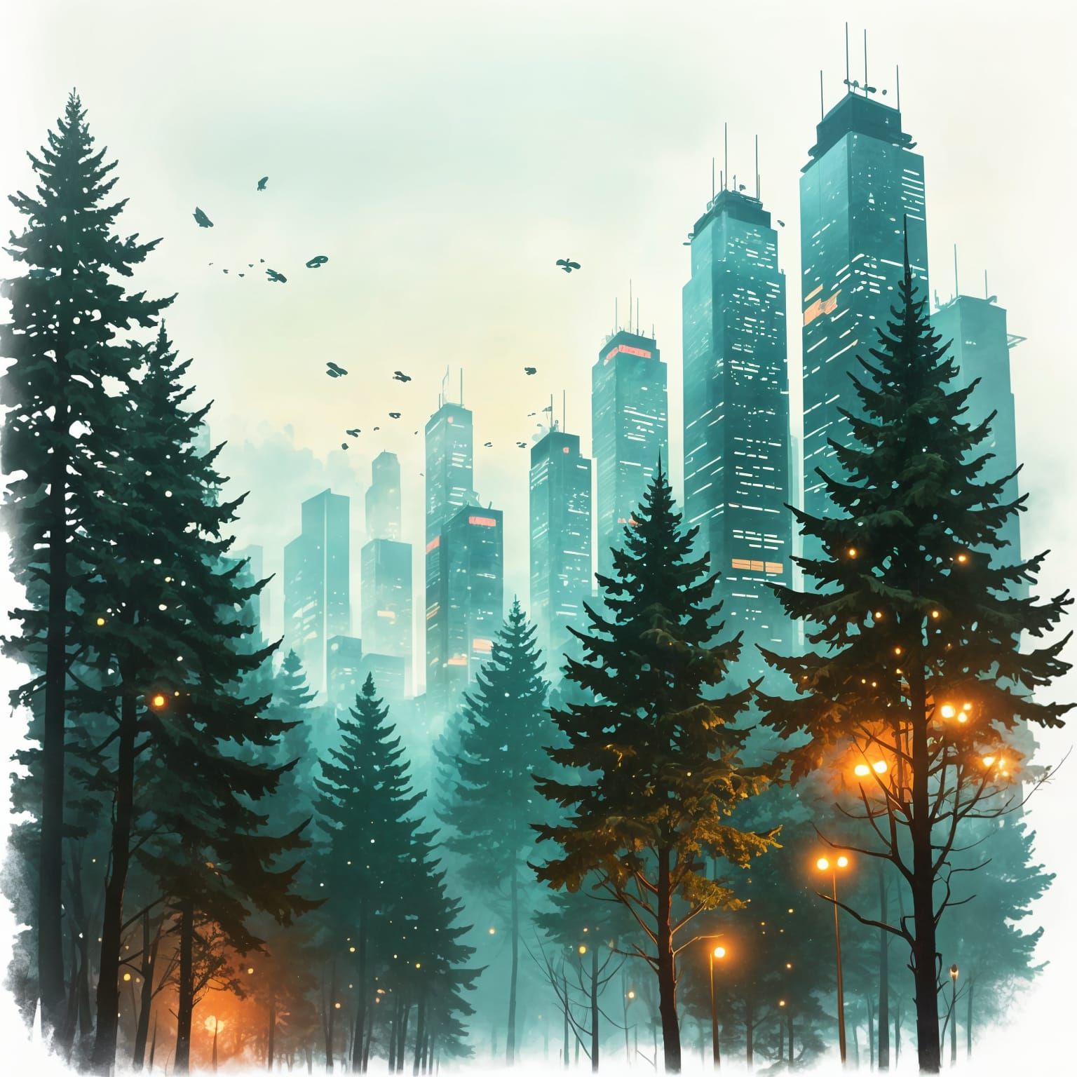 Dreamlike Double Exposure: Forest Meets Retro-Futuristic Cit...
