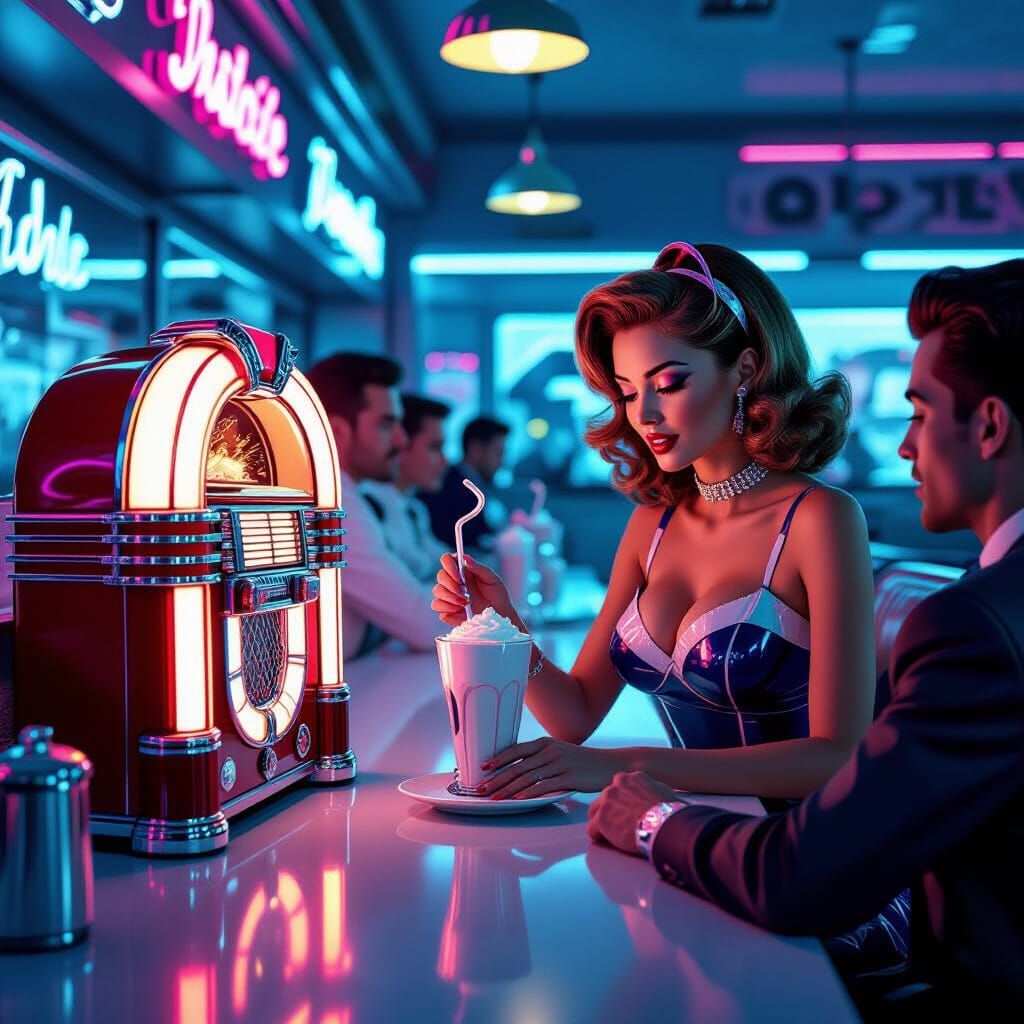 Retro-Futuristic Diner Scene in Synthwave Style