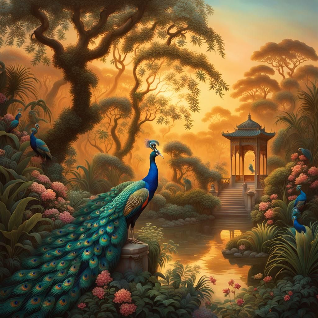 Symbolist Oriental Palace Garden with Peacocks in Whimsical...