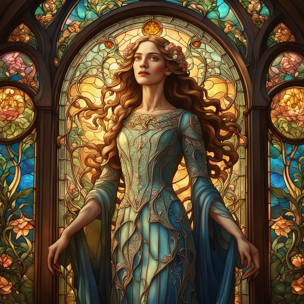 Art Nouveau Maiden in Stained Glass Window