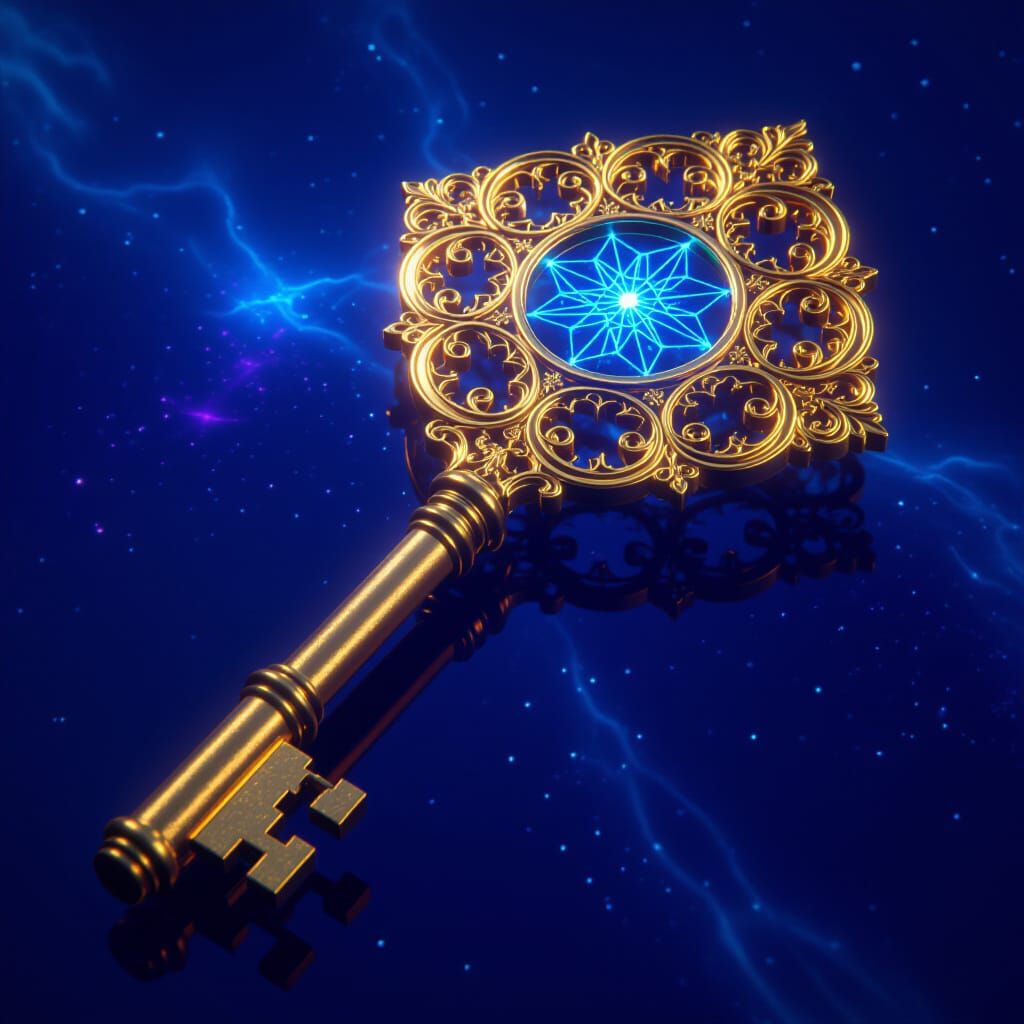 Ornate Golden Skeleton Key in Cosmic Nebula