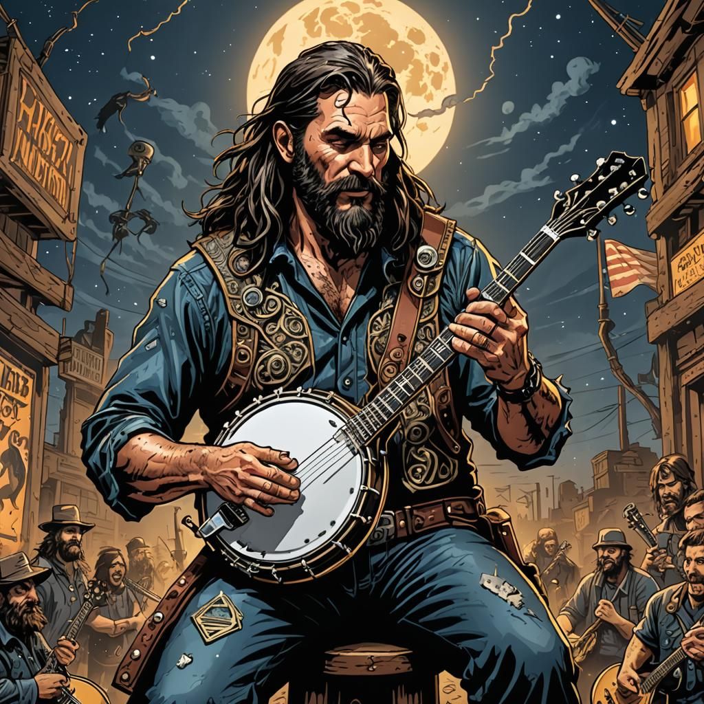 Heavy Metal Musician Plays Banjo, Comic Book Art