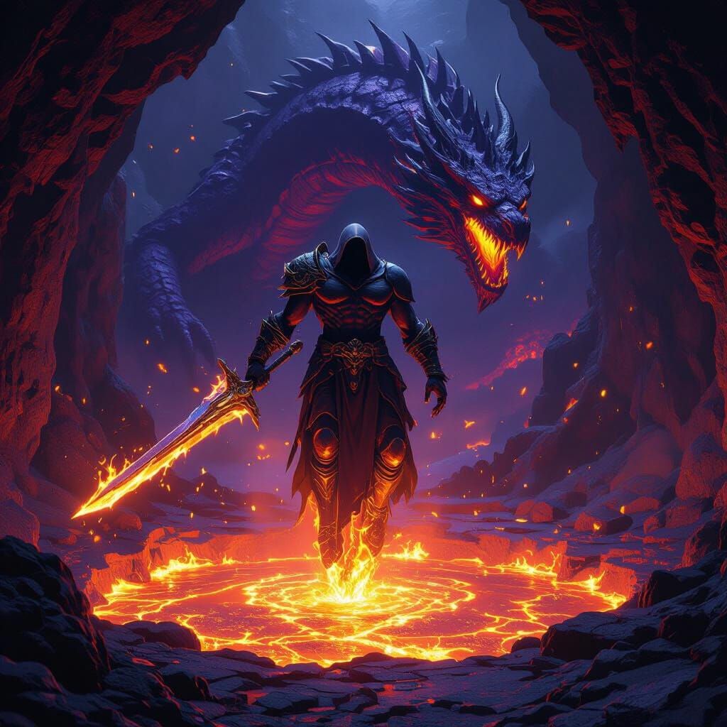 Lava Dragon Dark Fantasy Illuminated by Sword