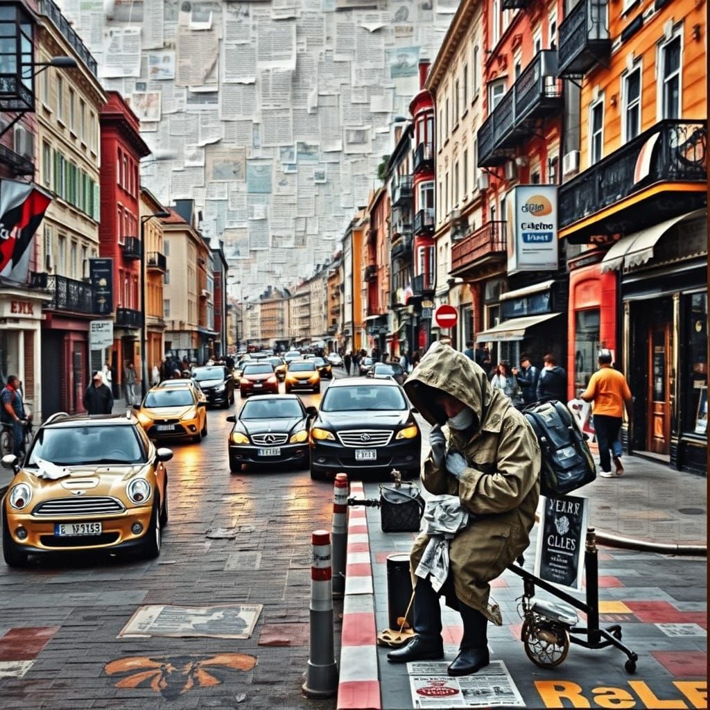 Beggar Amidst Colored Chaos, in Hyperrealistic Newspaper Art