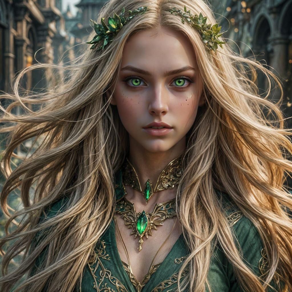 Fantasy Girl with Blonde Hair and Green Eyes