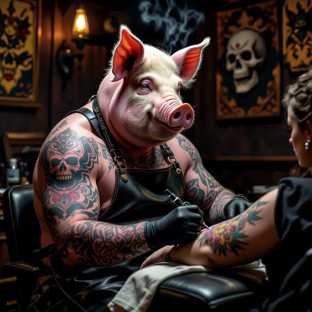 Anthropomorphic Pig Tattoo Artist in Dramatic Lighting