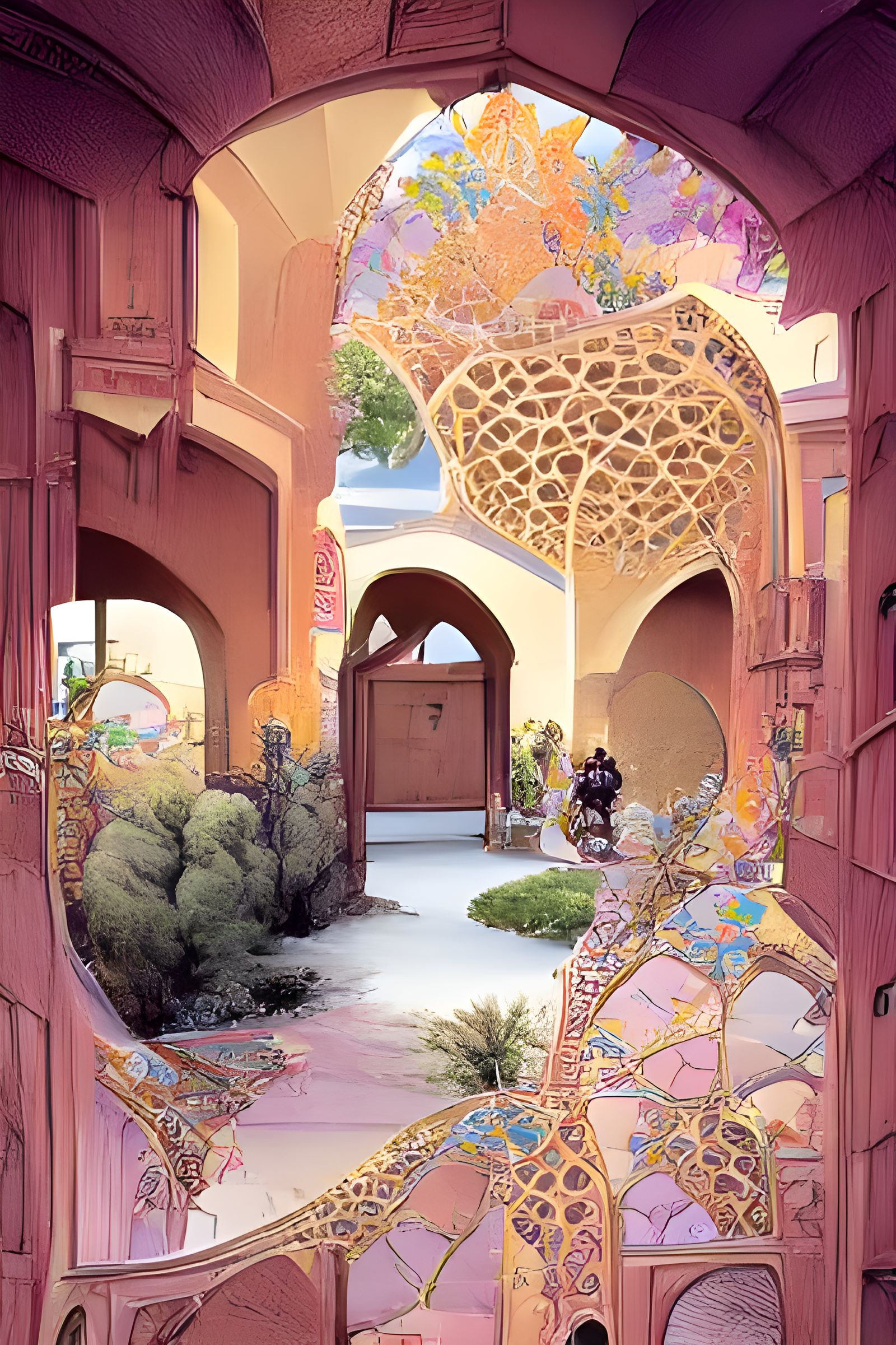 Ornate gateway leading into a graceful Kashan courtyard oasis
