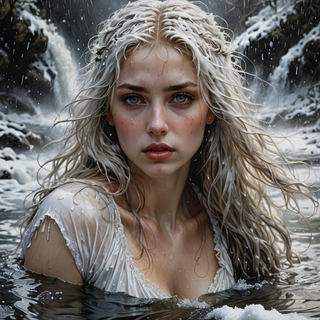 Pale Woman in Raging Water: Hyperrealistic Painting