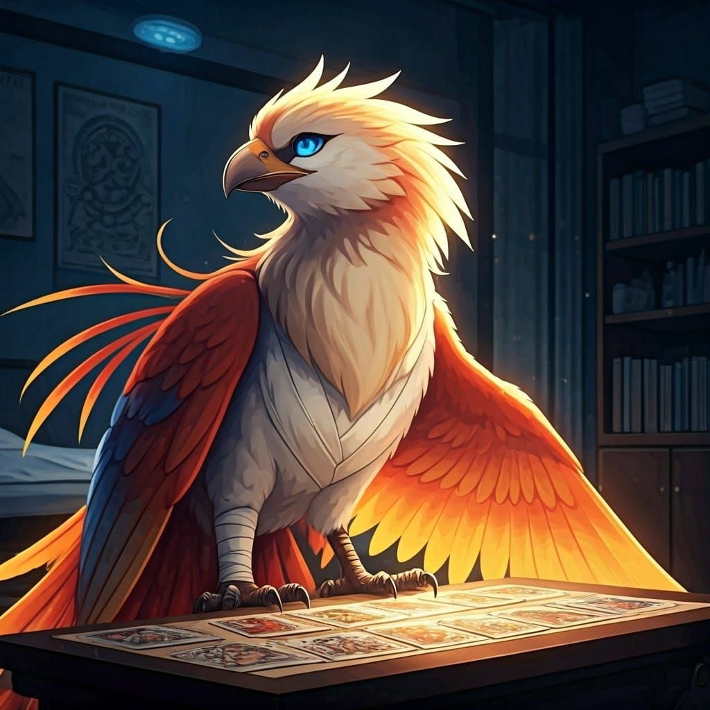 Anime Phoenix with Bandaged Wing in Hospital