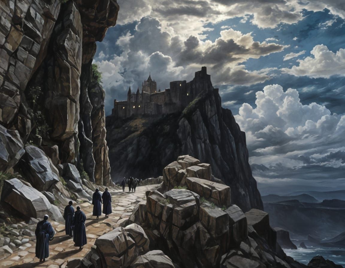 Monks' Path to Abbey in Dramatic Sky, Impasto Oil Painting