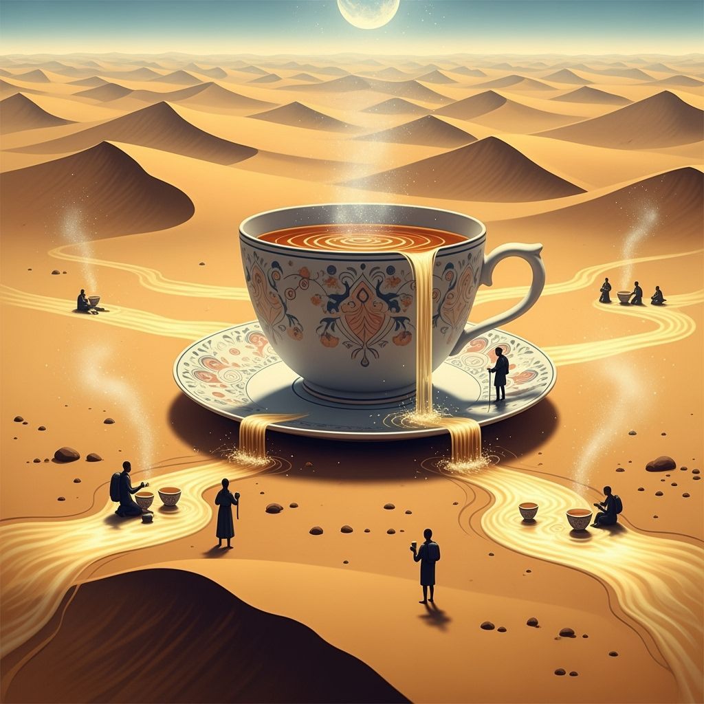 Surreal Desert Teacup Oasis with Golden Tea Streams
