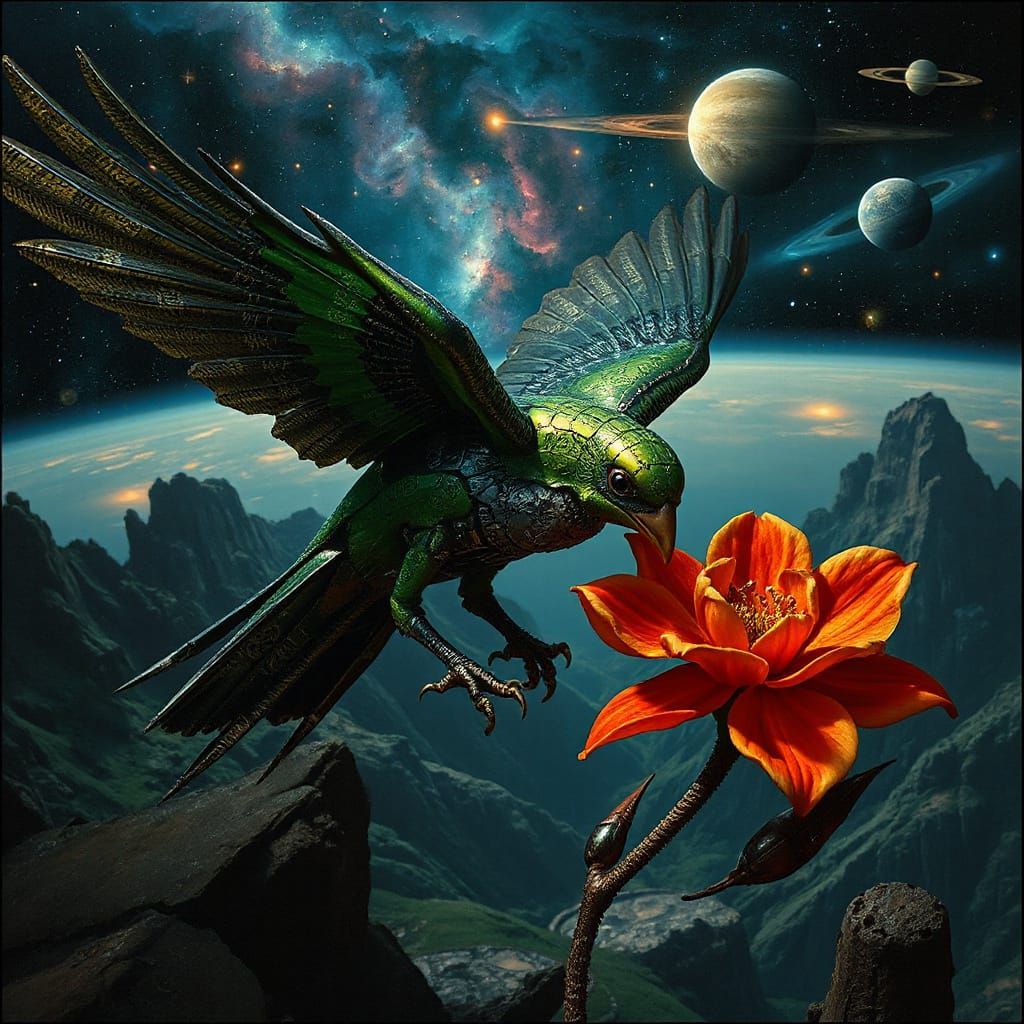 Biomechanical Bird with Alien Flower in Surrealist Style