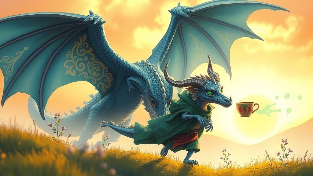 Regal Dragon Unfurls in Whimsical Morning Scene